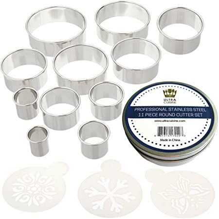 Ultra Cuisine Round Cookie Biscuit Cutter Set - 11 Graduated Circle Pastry Cutters for Donuts & Scones Heavy Duty Commercial Quality 100% Stainless Steel Metal Ring Baking Molds with 3 Cookie Stencils
