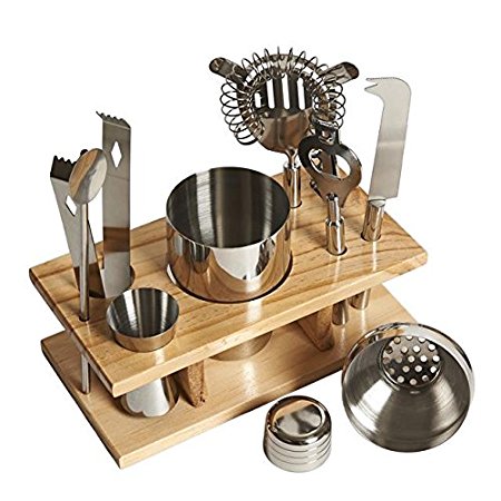 LIVIVO ® Professional 10 Piece Stainless Steel Bar Tool Set with Wooden Display Stand - Includes Cocktail Shaker with Filter and Cap, Strainer, Fruit Knife, Ice Tongs, Beer and Wine Bottle Opener, Muddler, Dual Measure Jigger - Impress your Friends - Create Professional Cocktails at Home