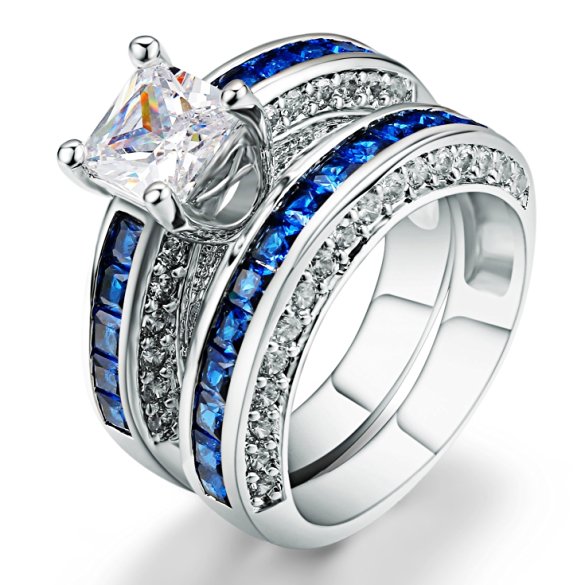 AMIERY Women 18KGP Princess Cut CZ Blue Sapphire Wedding Anniversary Engagement Bridal Rings Set