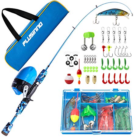PLUSINNO Kids Fishing Pole with Spincast Reel Telescopic Fishing Rod Combo Full Kits for Boys, Girls, and Adults