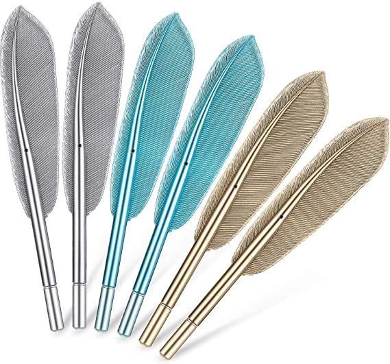 6 Pieces Feather Pens Cute Ballpoint Pen Artificial Wing Feather Black Gel Ink Pens Fun Rollerball Pens for Teachers Students Stationary School Office Supplies, Blue, Gold, Silver