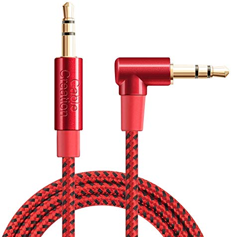 Audio Cable,CableCreation 3FT 3.5mm Right Angle Male to Male Auxiliary Jack HiFi Cable with Silver-Plating Copper Core,24KGold Plated, Red