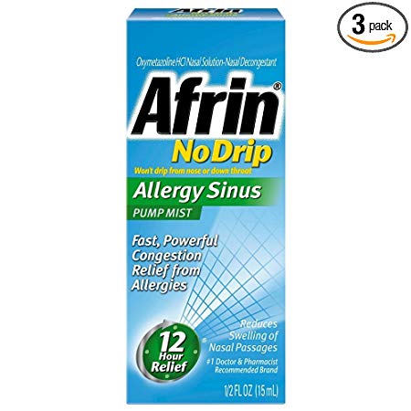 Afrin No Drip Allergy Sinus Pump Mist, Nasal Spray 1/2 oz (Pack of 3)