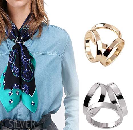 2PCS(Golden   Silver) Women Lady Girls Three Ring Fashion Scarf Ring Buckle Modern Simple Triple Slide Jewelry Silk Scarf Clasp Clips Clothing Wrap Holder