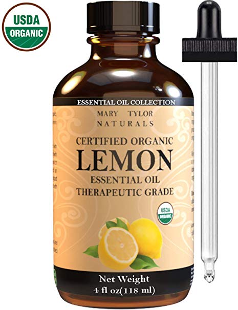 USDA Organic lemon Essential Oil, Large 4 oz by Mary Tylor Naturals, 100% Pure Essential Oil, Therapeutic Grade, Perfect for Aromatherapy, Relaxation, DIY, Improved Mood
