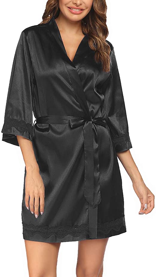 ELOVER Womens Kimono Robes Sexy Short Lace Satin Bridesmaid Robes Silk Bathrobe Gown Sleepwear