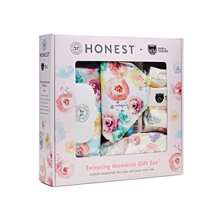 The Honest Company Twinning Moments Baby Gift Set, Rose Blossom | Includes Size 1 Newborn Diapers, Designer Honest Wipes, Magnetic Bandana Bib & Big   Little Pair of Thieves Socks