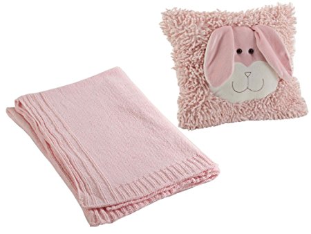 Rebecca Rabbit Shaggy Pillow - 12 inch and Pink Knit Soft Nursery Blanket 30 x 40 inch