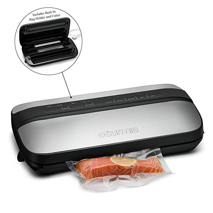 Gourmia GVS455 Vacuum Sealer - Preserve & Store Food - Vacuum for Sous Vide - 8 Versatile Functions - Canister Compatible – Includes Bags w/Built In Holder & Cutter – Stainless Steel -120W (Large)