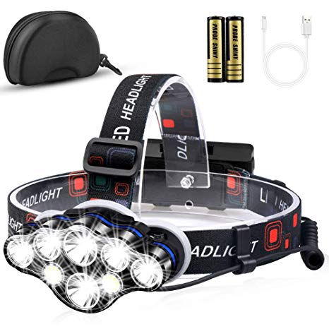 Headlamp, MOICO 13000 Lumen Brightest 8 LED Headlight Flashlight with White Red Lights, USB Rechargeable Waterproof Head Lamp, 8 Modes for Outdoor Camping Cycling Running Fishing - 8 LED