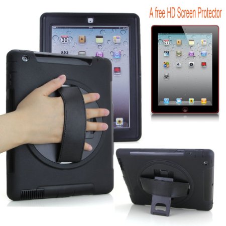 Apple iPad 2 iPad 3 iPad 4 Handheld Shock and Drop Proof Rugged Kickstand Case with a 360 Degree Swivel Kickstand and a Hand Grip Belt (Handheld Case-Black)