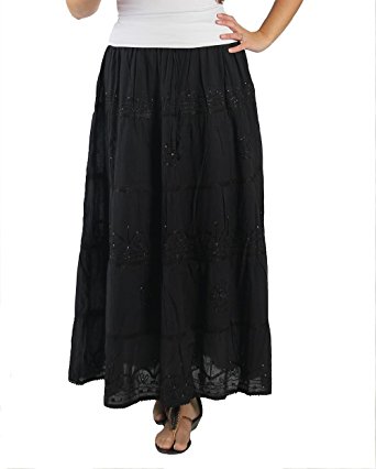 KayJayStyles Full Length Womens Solid Embroidered Gypsy Bohemian Long Cotton Skirt
