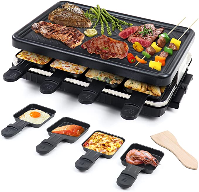Electric Grill Indoor Smokeless Grill Raclette Table Grill Family Thanksgiving Christmas Party Barbecue with Grill Pans Wooden Spatula Non-Stick Grill Plate Cooking Cheese Grill Outdoor Korean BBQ Machine