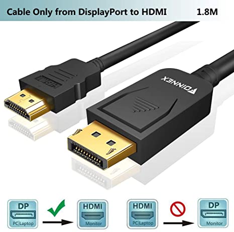 DisplayPort to HDMI Cable 1.8m,DP 1.2 to HDMI 1.4 Adapter Cord,FOINNEX Male Display Port in to HDMI out Converter Lead,1080P@60Hz for DP Laptop,PC,Desktop to VGA Monitor,TV,Projector