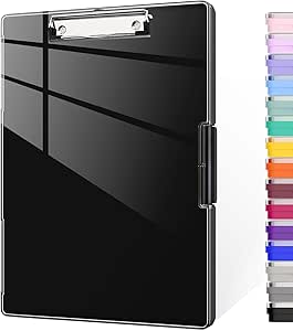 Piasoenc Clipboard with Storage, 8.5x11 Clip Boards with 2 Storage Case and A4 Paper Folder, Clear Dry Erase Top Panel, Heavy Duty Plastic, Folio & Side-Opening, for Nurses, Teachers, Lawers, Black