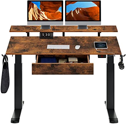 Rolanstar Standing Desk Dual Motor with USB Charging Ports, 55" Adjustable Height Desk with Drawer and Monitor Shelf, Electric Standing Desk with Double Headphone Hook, Rustic Brown