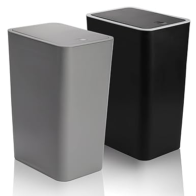 Fasmov Trash Can, 2 Pack 15 Liter / 4 Gallon Plastic Garbage Container Bin with Press Top Lid, Waste Basket for Kitchen, Bathroom, Living Room, Office, Narrow Place (Gray   Black)