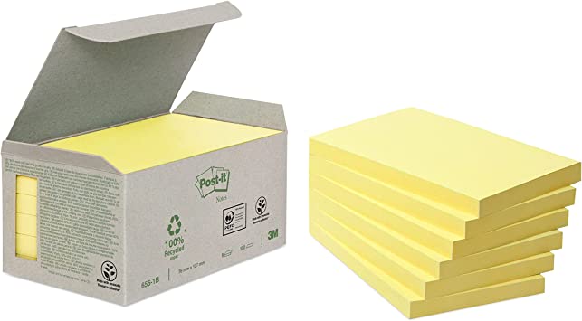 Post-it 655-1B Recycled Notes, Pastel Yellow, 76 mm x 127 mm (Box of 6 , 100 Sheets Per Pad)