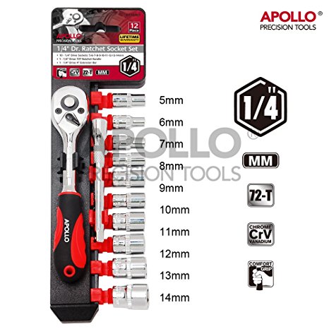 Apollo 12pc 1/4" Metric Socket Set with 72 Teeth Ratchet Drive Socket Handle with Quick Release Function, 5-14mm Socket Sizes & 100mm Extension Bar with Convenient Storage Rack Gearwrench Multi-Socket Set