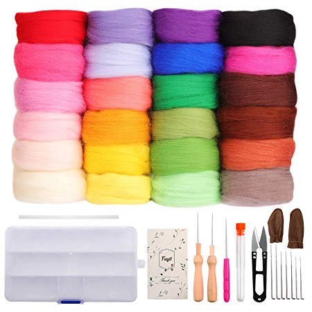 Fuyit Wool Roving 24 Colors Needle Felting Wool Set Felt Tools Needle Felting Starter Kit Wool Fibre Hand Spinning DIY Craft Materials