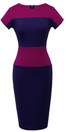 Sunblume Women's Scoop Neck Short Sleeve Contrast Slim Business Casual Dress