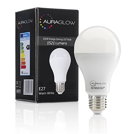 AURAGLOW Super Bright 15w LED E27 Screw Light Bulb, Warm White, 3000K - 1521 Lumens - 100w EQV