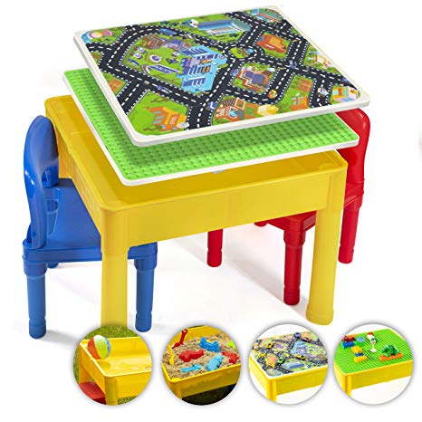 Prextex Kids 5 in 1 Store and Play Craft, Bricks, Water & Car Roads, Activity Play Table Set with 2 Chairs