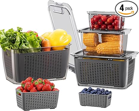 LUXEAR 4 Pack Fruit Containers for Fridge, Vegetable Storage Container with Lids &Removable Colander Produce Saver Organizer for Refrigerator Keep Fruit, Veggie, Berry, Meat Fresh Longer-Grey