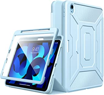 MoKo Case Fit iPad Air 5th/4th Generation 10.9 2022/2020, [Support Touch ID] [Built-in Screen Protector] Full-Body Shockproof Case Smart Shell Stand Cover with Auto Sleep/Wake & Pencil Holder,Sky Blue