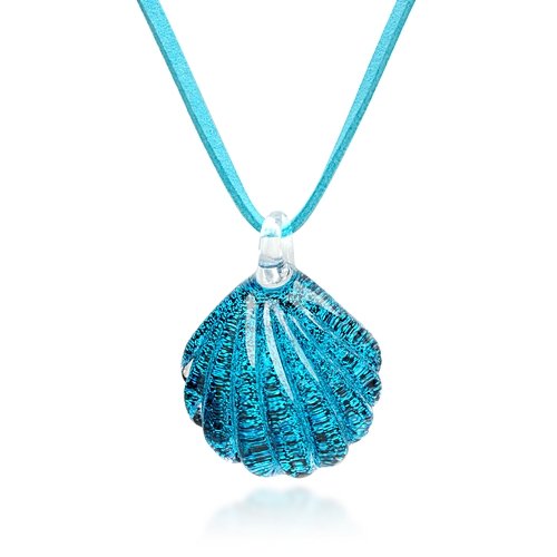 Chuvora Hand Blown Venetian Murano Glass Ocean Blue Sea Shell Shaped Pendant Necklace, 18-20 inches