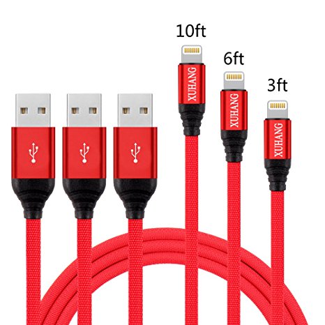 Lightning Cable, XUHANG iPhone Cables 3Pack (3 6 10FT) Lighting to USB Cable Nylon Braided Cord Charger for iPhone X/8/8 Plus/7/7 Plus/6/6 Plus/6s/6s Plus/5/5s/5c/SE and More (Red)