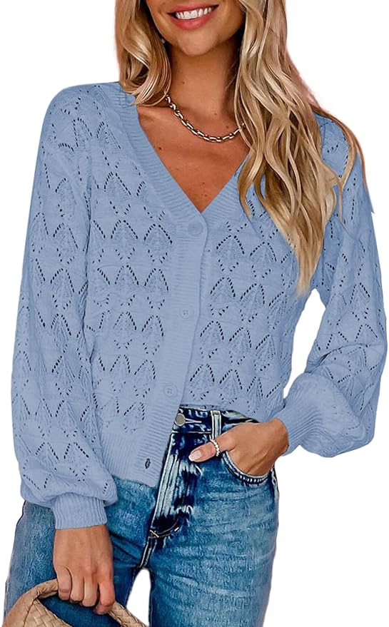 Dokotoo Cropped Cardigan Sweaters for Women Long Sleeve Crochet Knit Shrug Open Front V-Neck Button up Tops