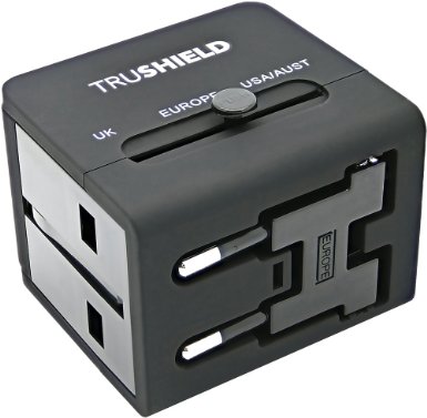 TruShield Universal WorldWide International All-in-One Travel Adapter Adaptor Wall Power Plug Charger, Dual USB Port, For USA UK EU AUS, With Black Stylish Pouch