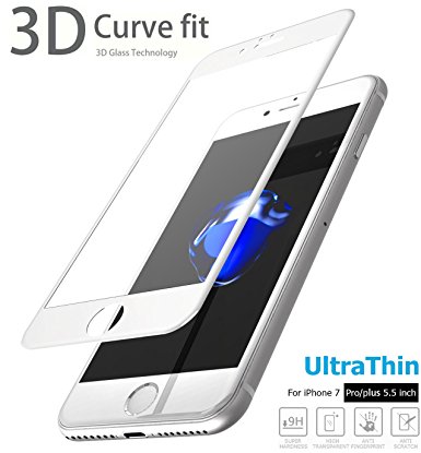 TOZO 3D Screen Protector Glass for iPhone 7 Plus, Full Screen Frame [3D Touch Compatible] Premium Tempered Glass 9H Hardness 2.5D PET Soft Edge Silk Print Super Clear Perfect Fit 5.5 White