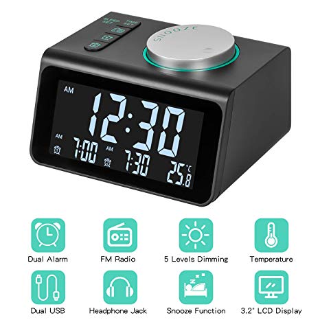 m zimoon Alarm Clock Radio, Digital Radio Clock Bedside Clock with Dual USB,Temperature Display, Dual Alarms with 7 Alarm Sounds, 5 Adjustable Brightness for Bedroom Office Travel