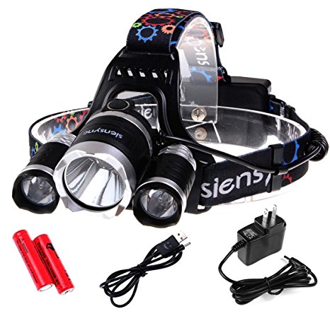 5000Lumen LED Headlamp - Siensync 3x CREE XM-L XML T6 Super Bright Waterproof 4 Modes Headlight, Flashlight Torch for Outdoor Riding, Night Fishing, Hiking, Camping