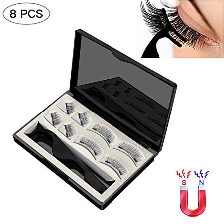 Lcat Magnetic Eyelashes, 8 PCS 3D Silk Lashes Handmade Ultra Thin and Reusable False Eyelashes Soft and Comfortable with Free Eyelash Tweezers