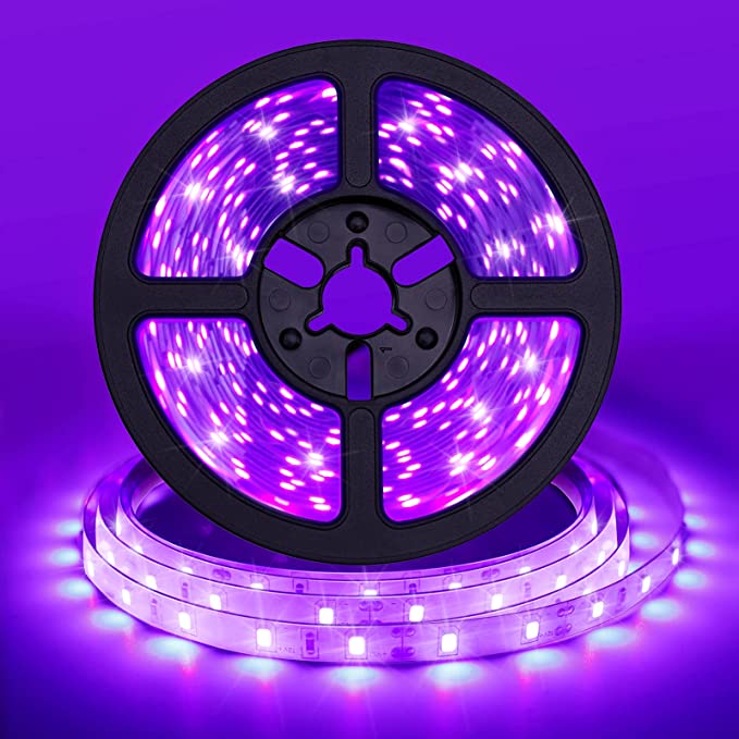 24W UV Black Light Strip, 16.4FT/5M Flexible Blacklight LED Strip, 3528 300 LEDs 395nm-405nm Non-Waterproof Blacklight Fixtures Kit with 12V 2A LED Power Supply for Fluorescent Dance Party