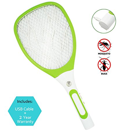 Samoa USB Mosquito Swatter Bug Fly Zapper with Detachable Flash Light for Indoor and Outdoor Pest Control with new handle (White, Green)