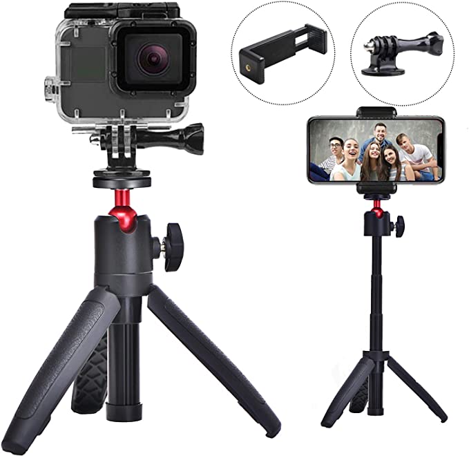 FIZZ OpticX Mini Tripod Table Top Stand with Phone Mount, Extendable Selfie Stick Stand with Handle, for Gopro Hero Osmo Action Insta 360 Action Camera, iPhone Samsung Sony Canon