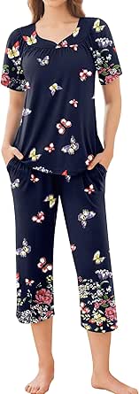 Ekouaer Capri Pajamas Short Sleeve Pjs Sets 2 Pieces Pleated Top and Capri Pants Sleepwear Loungewear for Women