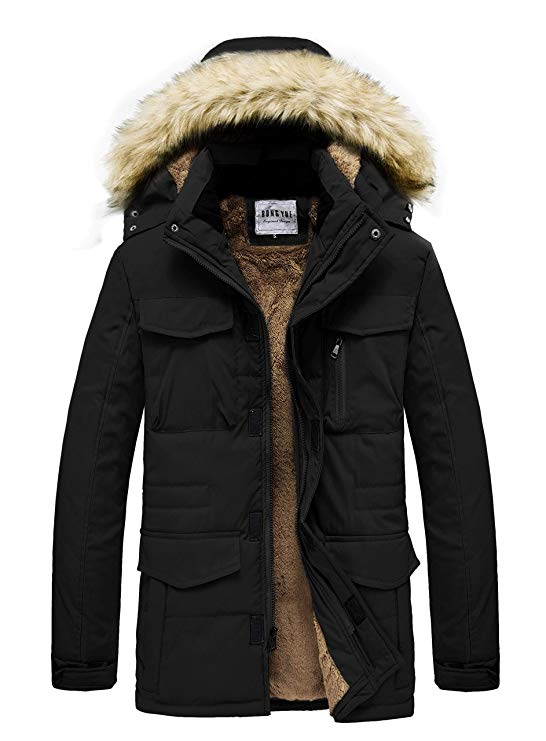 RongYue Men's Winter Thicken Coat Faux Fur Lined Quilted Jacket with Removable Fur Hood