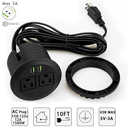 YaBland Power Grommet with USB Desktop Power Outlet with 2 AC Outlet Plugs and 2 USB Charging Ports 3in Desk Hole Power Strip Recessed Conference Table Power Socket with 10ft Cable (Black)