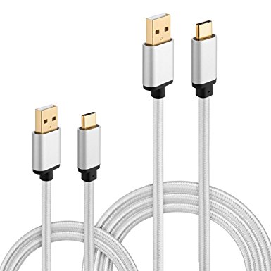 HI-CABLE USB Type-C Charger, Extra Long Nylon Braided Fast Charging Cord for Google Pixel XL, Nexus 6P/5X, Lumia 950, HTC 10, LG G5 V20, More (3-Feet, 10-Feet) Pack-2 -Silver