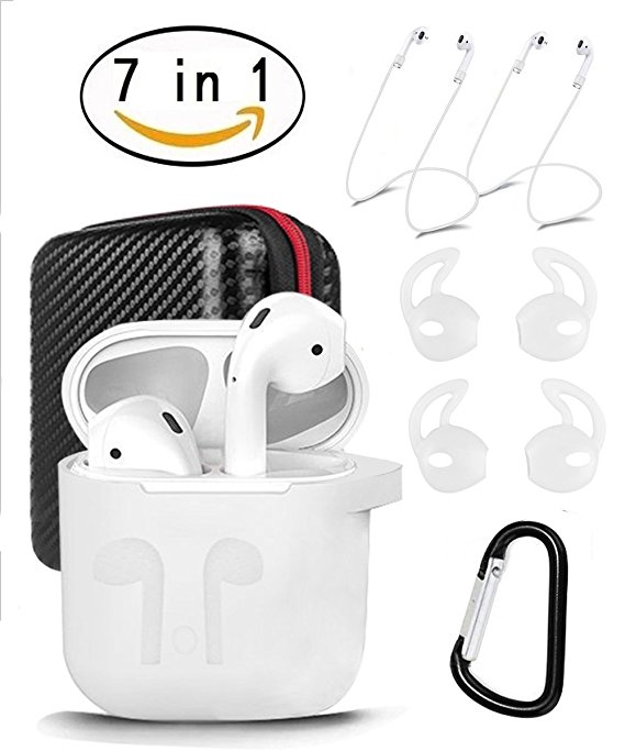 AirPods Case 7 In 1 Airpods Accessories Kits Protective Silicone Cover and Skin for Apple Airpods Charging Case with Airpods Ear Hook Airpods Staps/Airpods Clips/Skin/Tips/Grips by Amasing (white)