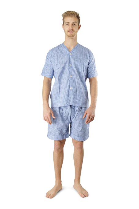 Men's Woven Pajama V-Neck Sleepwear Short Sleeve Shorts and Top Set, Sizes S/4XL