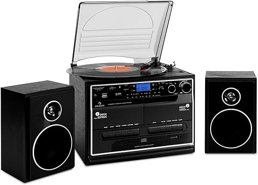 Auna 388-BT Bluetooth Edition- Compact System, Stereo, Turntable, Radio, CD / MP3 Player, USB/SD, 2 x Cassette Deck, Digitizing Function, Bass Reflex, Pair of Speakers, Black