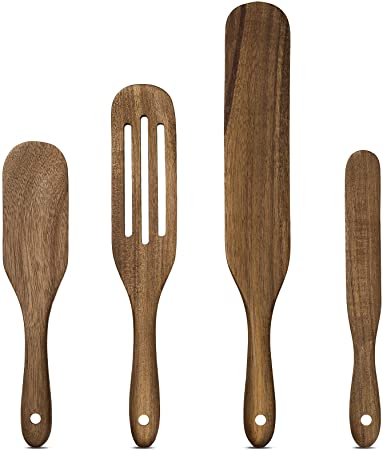 Wood Spurtle Set Cooking Utensils - Enkrio Teak Wooden Spatula Set | Spurtles Kitchen Tools for Stirring, Mixing, Serving, Scrapping, Scooping, 4 Pack