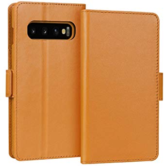 FYY Luxury [Cowhide Genuine Leather][RFID Blocking] Handcrafted Wallet Case for Galaxy S10, Handmade Flip Folio Case with [Kickstand Function] and [Card Slots] for Galaxy S10 (6.1") Yellow