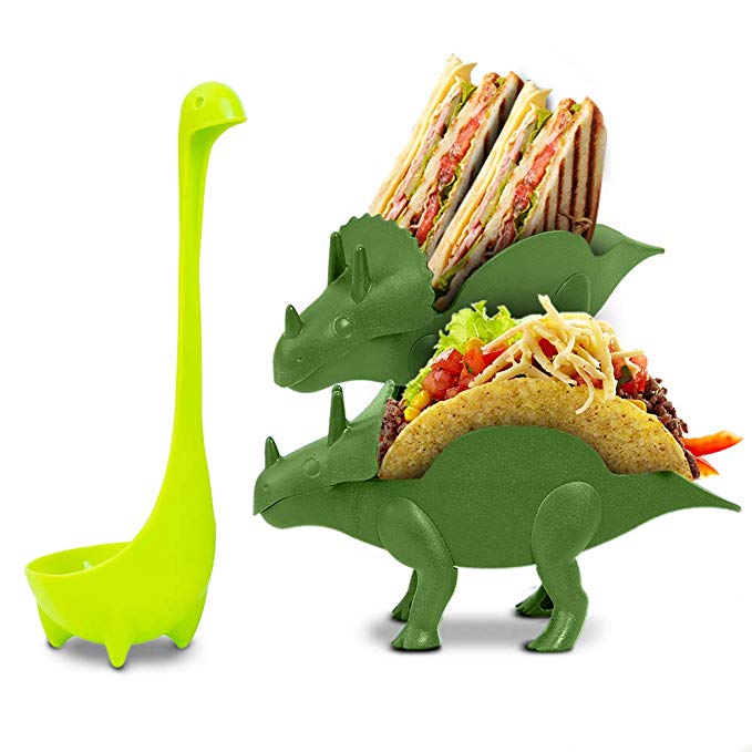 Dinosaur Taco Holder Set by East World – Tacosaur Twins with BONUS BrontoSpoon - 2x Dino Stands for 4x Jurassic Tacos! Triceratops Taco Stand Holder, Plastic Novelty Taco Plates for Kids or Taco Truck